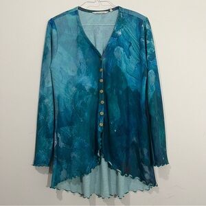 Soft Surroundings Watercolor Sweater Top Button Lettuce Hem Long Sleeve Art Sz L